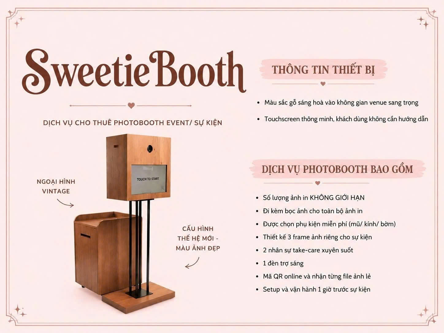 Thiết bị photobooth vỏ gỗ vintage và các quyền lợi dịch vụ SweetieBooth